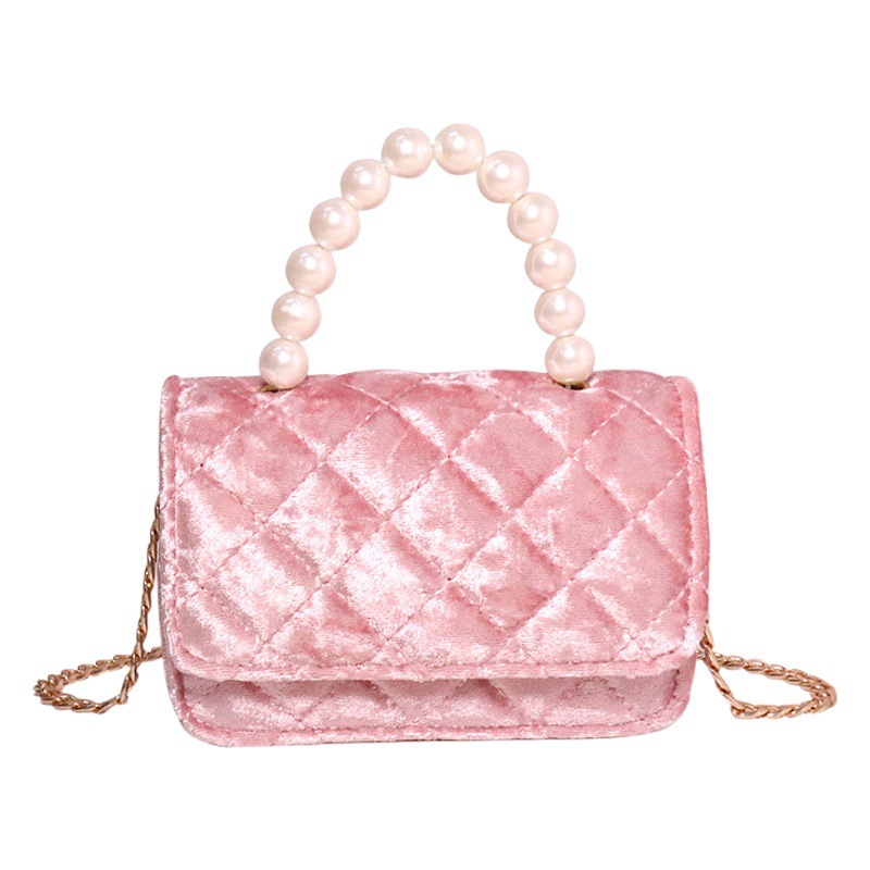 Girls' Bag 2026 New Fashion Gold Diamond Velvet Rhombus Pearl Handbag Little Girl's Versatile Chanel-Style Crossbody Bag