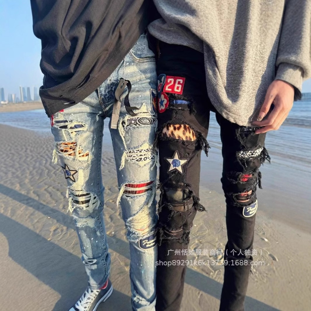 高街风男装牛仔裤拼接破洞American men's stretch jeans街潮修身