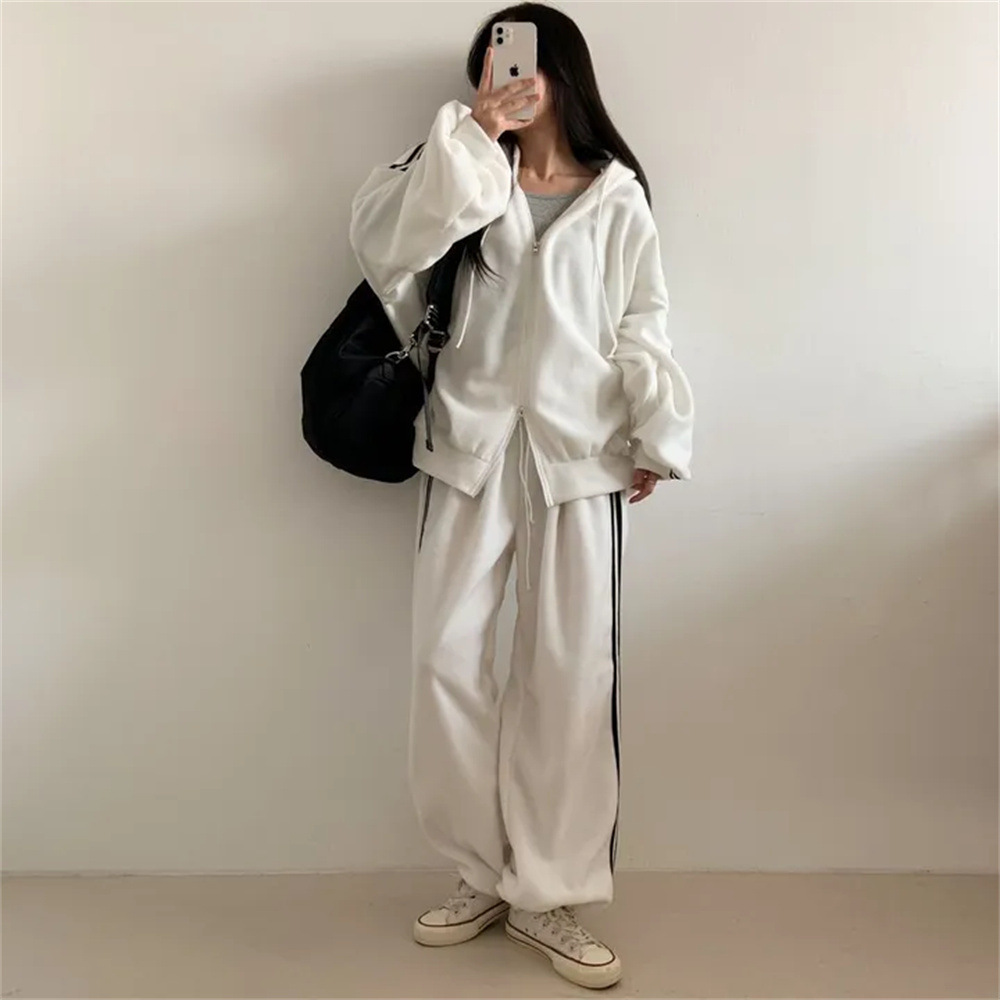 クロスボーダー卸売ジッパースウェットシャツカジュアルツーピースグレー韓国ブランドファッションスポーツスーツ女性のための春と秋怠惰なルーズ