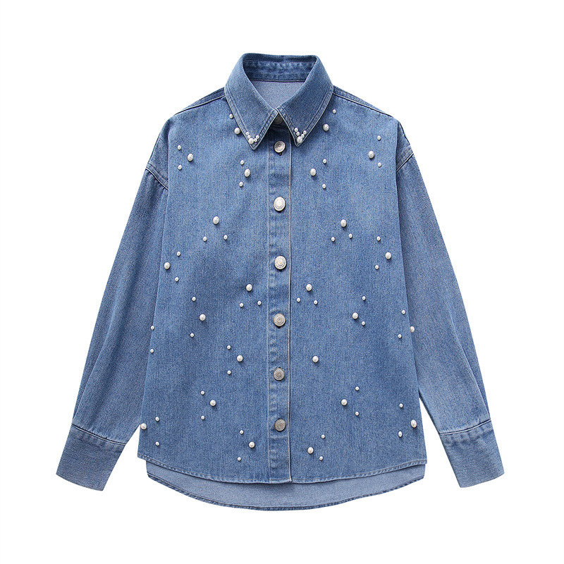 Foreign Trade Spring and Summer European and American Clothing Artificial Pearl Long-Sleeved Shirt Straight Jeans Foreign Trade Spring and Summer European and American Clothing Artificial Pearl Long-Sleeved Shirt Straight Jeans