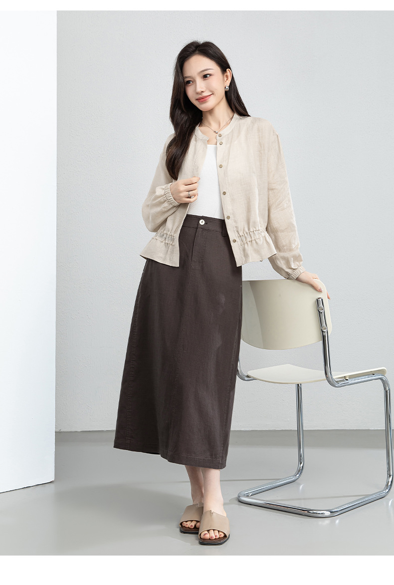 Chân váy chữ A dáng dài nữ chất liệu linen phối sợi tencel, thiết kế che khuyết điểm eo hông — màu xanh navy chi tiết 22