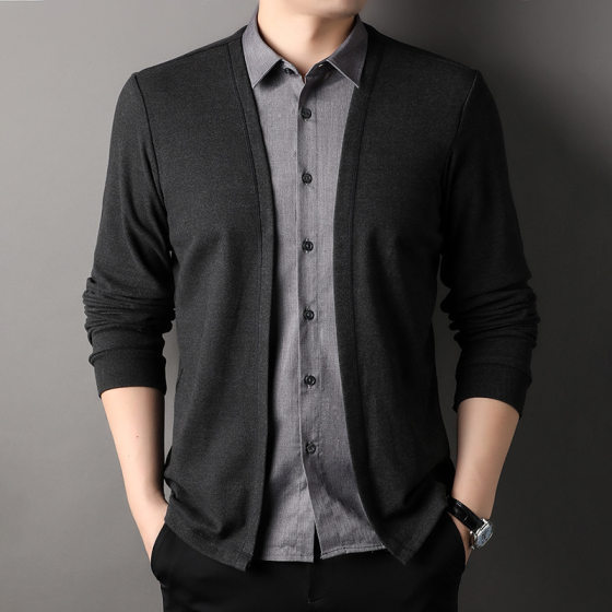 Autumn new men's fake two-piece shirt sweater cardigan casual business sweater sweater coat men's clothing wholesale