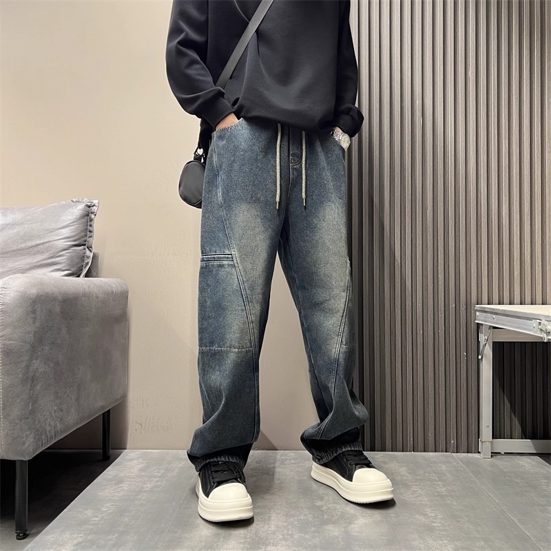 Men's Smoky Gray Washed Retro Straight Leg Jeans Style High Street Loose Fit Trendy Slimming Casual Slightly Flared Trousers_mkmklike.com