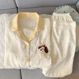 波点小狗卡通云朵纯棉纱睡衣女款2025新款春秋季长袖宽松家居服夏