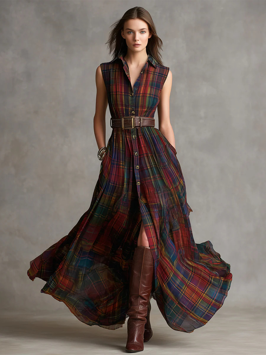 2026shein European And American Independent Site Cross-Border Vacation Western Bohemian Plaid Pocket Dress_ecoleips.com