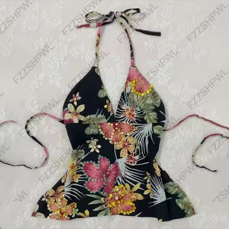 Foreign Trade Fashion New V Neck Floral Strap Slim Short Lace-Up Halterneck Suspender Women's Top