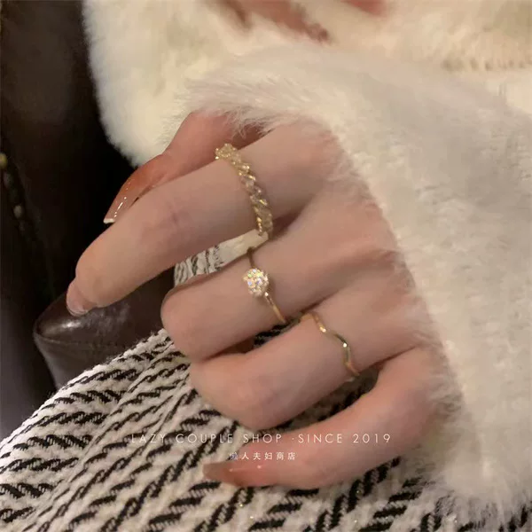 Japanese and Korean-style light luxury chain lovely ring for women ins super shiny exquisite ring opening adjustable heart-shaped index finger ring