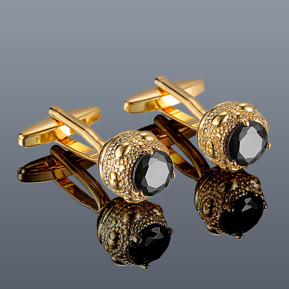 Men's Cufflinks, Cross-Border Hot-Selling Light Luxury Metal Accessories with Black Zircon Round Buttons