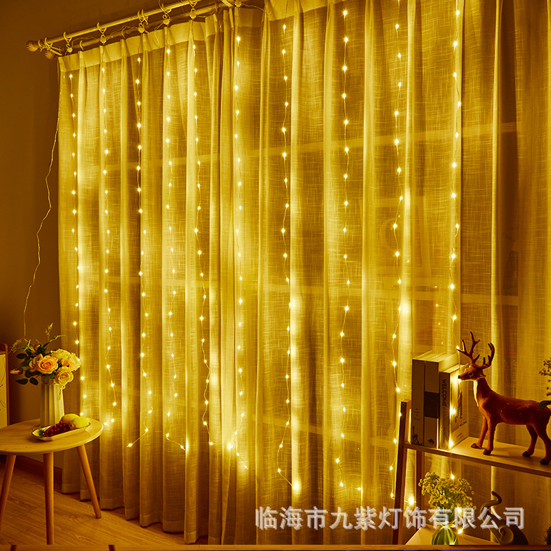 Lámpara de cortina de alambre de cuero LED, habitación de casa, diseño de ambiente de dormitorio, control remoto USB 8 funciones, 3*3 luces de cortina al por mayor