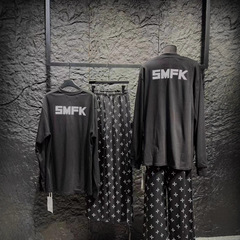 高品质~SMFK黑玉兰超大长袖上衣时尚印花阔身纯棉套头卫衣两件套