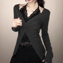 设计感长袖打底衫女2025新款初秋韩系穿搭蕾丝t恤假两件辣妹上衣