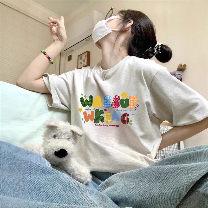Letter Print White and Gray Pure Cotton Short-Sleeve T-Shirt for Women, 2026 New Popular Summer Korean Style Loose Top Half-Sleeve Tee Letter Print White and Gray Pure Cotton Short-Sleeve T-Shirt for Women, 2026 New Popular Summer Korean Style Loose Top Half-Sleeve Tee