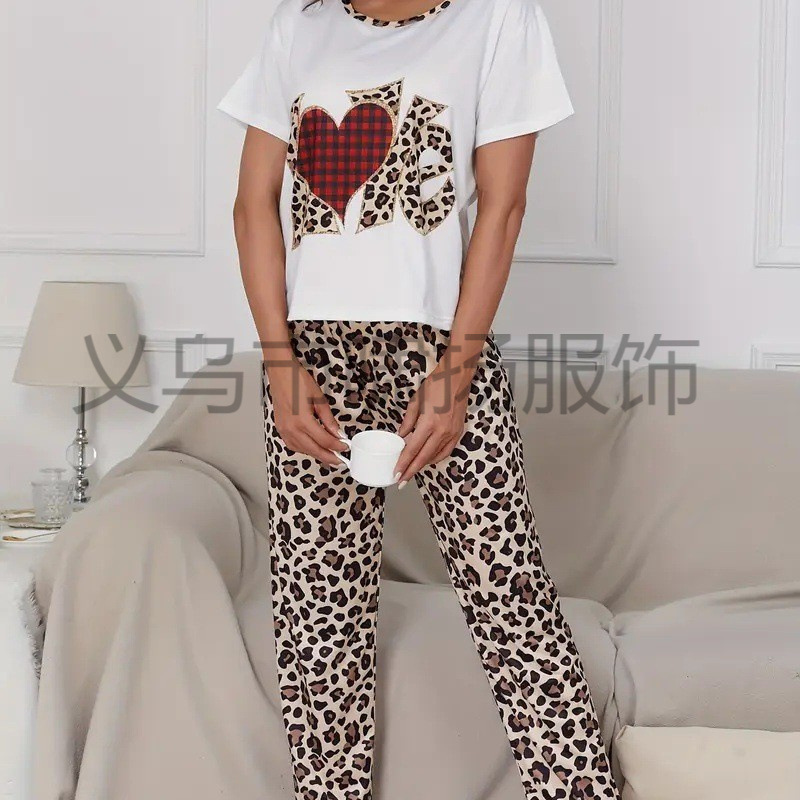 Foreign trade cross-border home wear for European and American women, summer short-sleeve long pants with leopard print and heart print, simple POD custom-made Foreign trade cross-border home wear for European and American women, summer short-sleeve long pants with leopard print and heart print, simple POD custom-made