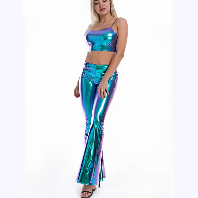 Women Sexy Pu Leather Metal Pants Shiny Holographic Flare Pants Women's Tight Stretch High Waist Flare Pants