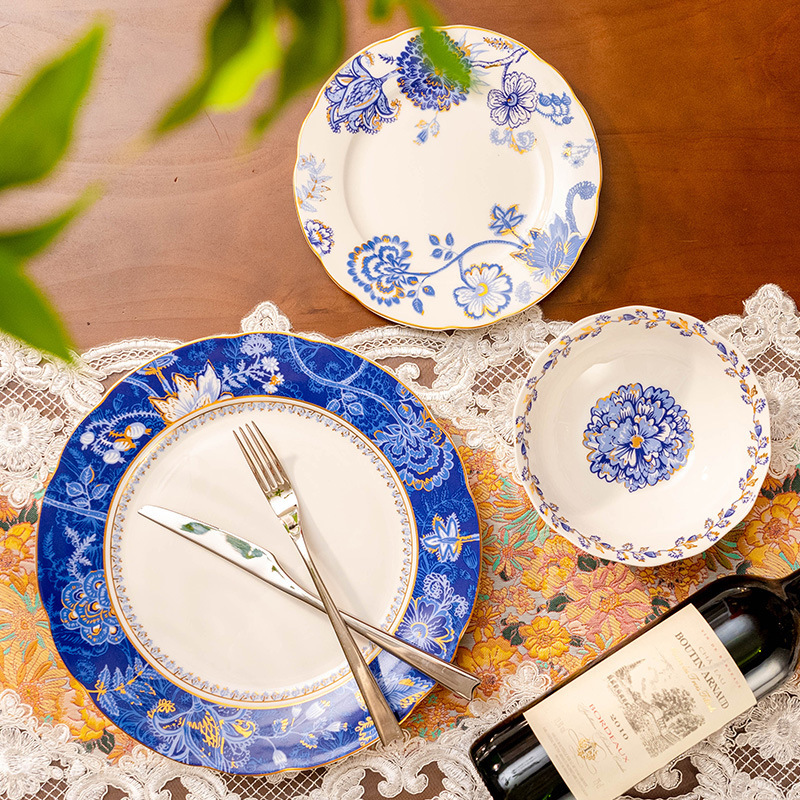 Palace Style High Bone China Tableware Set Golden Blue Garden Light Luxury Ceramic Bowl Dinner Plate Combination for One Person