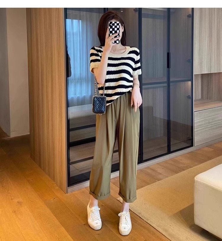 Quần dài ống đứng nữ vải lụa băng mỏng mùa hè, dáng suông thoáng khí, cỡ lớn cho người mập — 9 phân mẫu mỏng màu đen chi tiết 13