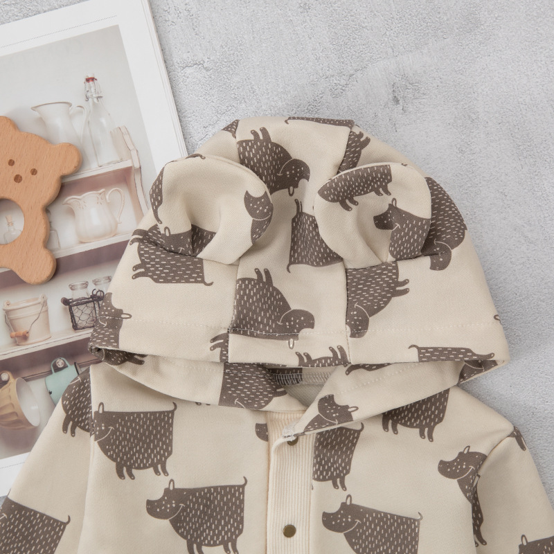 Estilo nórdico mono de salida de manga larga ropa para el hogar bebé Otoño e Invierno mameluco con capucha cálido para niños en línea rojo al por mayor