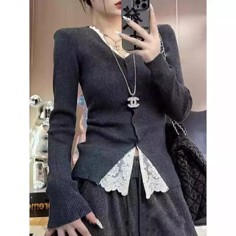 韩系高级感蕾丝拼接长袖T恤女2025秋季新款假两件薄款开衫上衣|undefined
