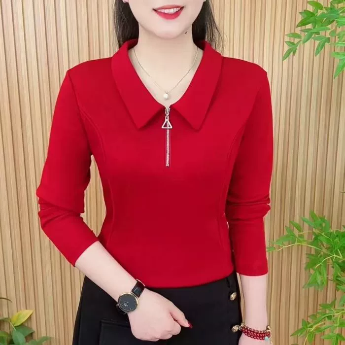 Новая футболка с длинным рукавом с отворотом, модная весна и осень молния сплошной цвет темперамент повседневная футболка прилив Юго-Восточная Азия