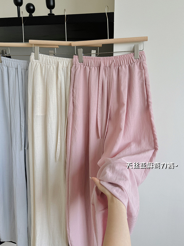 女性用オールインワンウォッシュドテンセルリネンワイドレッグパンツ、夏用薄手ハイウエストルーズストレートパンツ、レイジーカジュアルシミターパンツ|undefined
