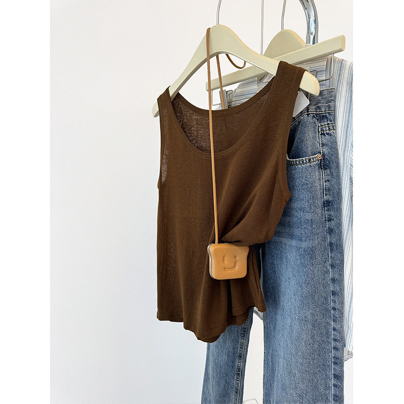 Brown U-Neck Ice Silk Knitted Camisole Women's Summer Outer Wear Design Loose Casual Sleeveless Top Thin Inner Wear