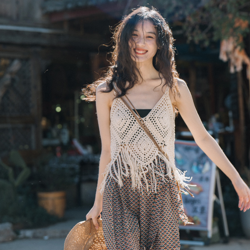 Summer tassel sling bohemian crocheted vest sexy backless sleeveless holiday style niche design top