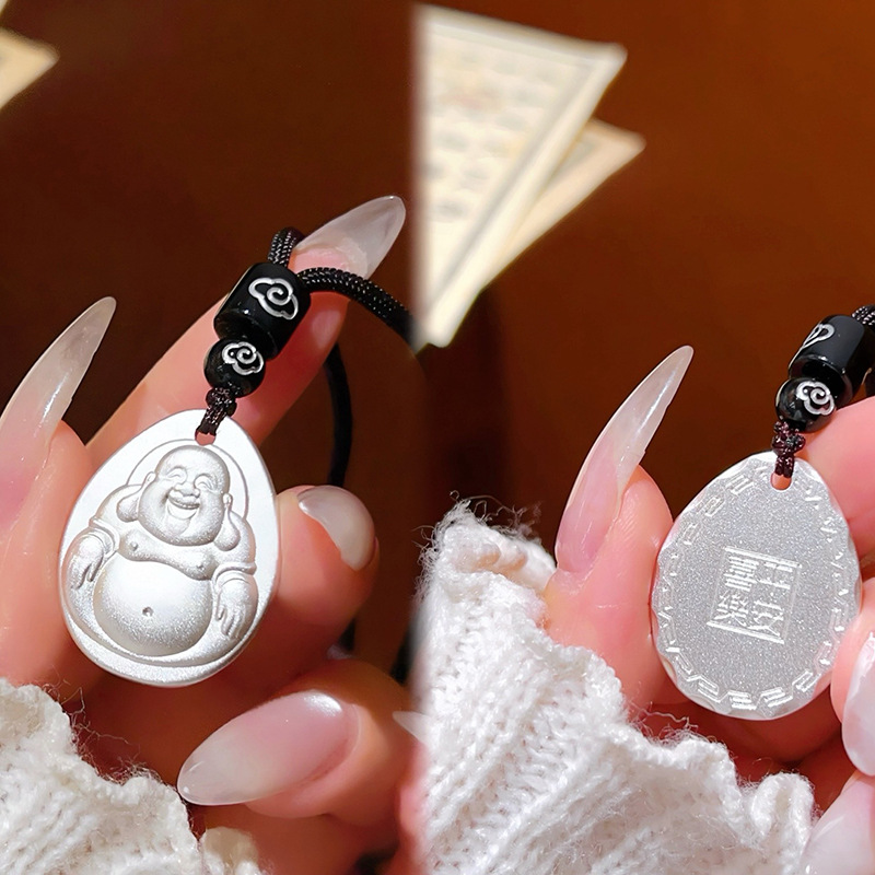 Plata sólida Maitreya Buddha Guanyin colgante 999 plata esterlina marca nacional de marea de Buda Ji Yan sin incidentes collar de cuerda tejida a mano