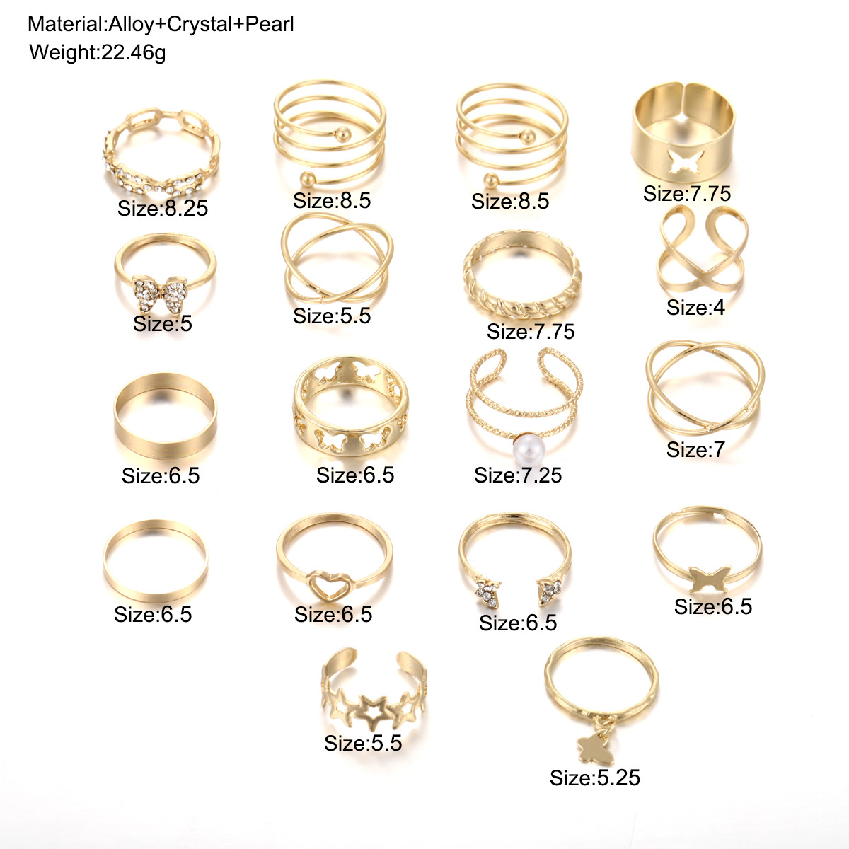 new diamond butterfly ring suit 18-piece set hollow love chain open adjustable ring_voghion.com