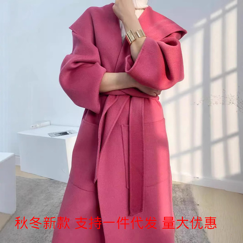 2024款双面羊毛大衣手工缝制100羊毛呢外套韩版宽松