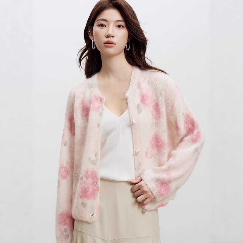 Rose Print Mohair Sweater Women's Long-Sleeved Knitted Cardigan 2026 Spring New Soft and Loose Wool Coat