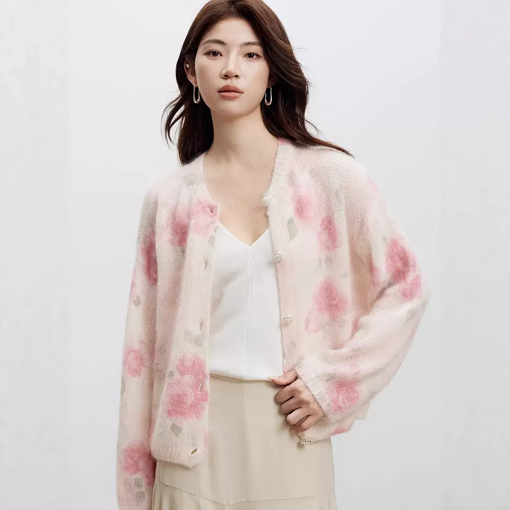 玫瑰印花马海毛毛衣女长袖针织开衫2025秋季新款软糯宽松羊毛外套