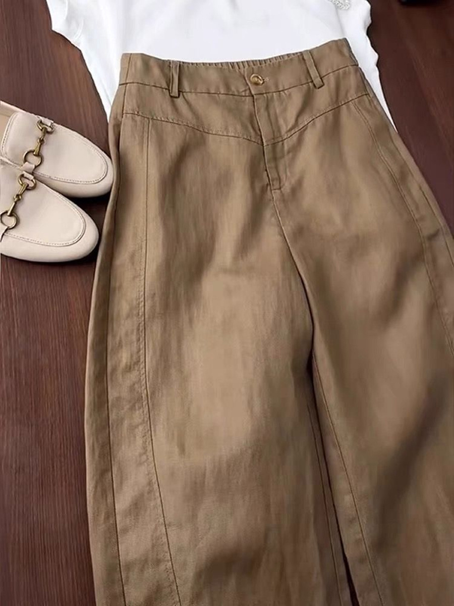 Quần culottes nữ ống rộng lưng cao vải linen Tencel mùa hè — Màu nâu