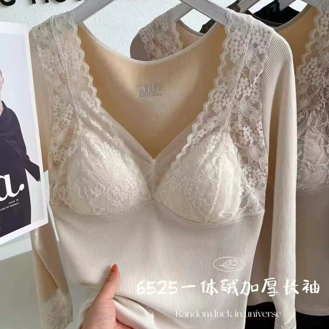 6525 цельный бархат утолщенный длинный рукав с фиксированными чашками топ кружевной V-образный вырез плюс бархатная нижняя рубашка для комфорта термобелье