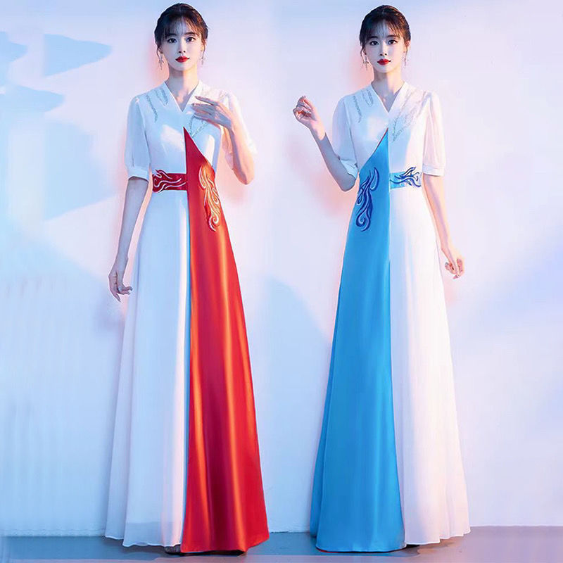 コーラスパフォーマンス服新しい大人の赤い歌コンクールイブニングドレス中高年コーラスパフォーマンス服高級学生|undefined
