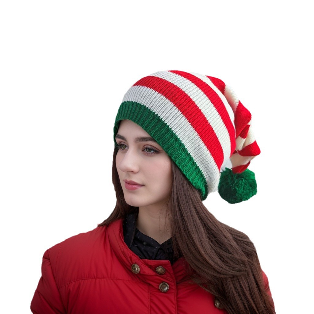 Babbo Natale lavorato a maglia di lana con strisce rosse e verdi per uomo e donna in autunno inverno, caldo e confortevole coda lunga_voghion.com