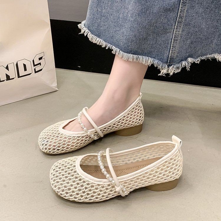 Zapatos de tacón grueso de un solo pie, zapatos de mujer de verano 2026 nuevos zapatos de red de tacón bajo de estilo francés agujado