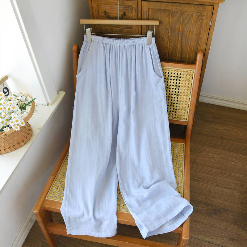 Women's pure cotton gauze sleep pants, nine-point length, summer thin style, fresh blue, straight loose fit, all-cotton home pants for walking