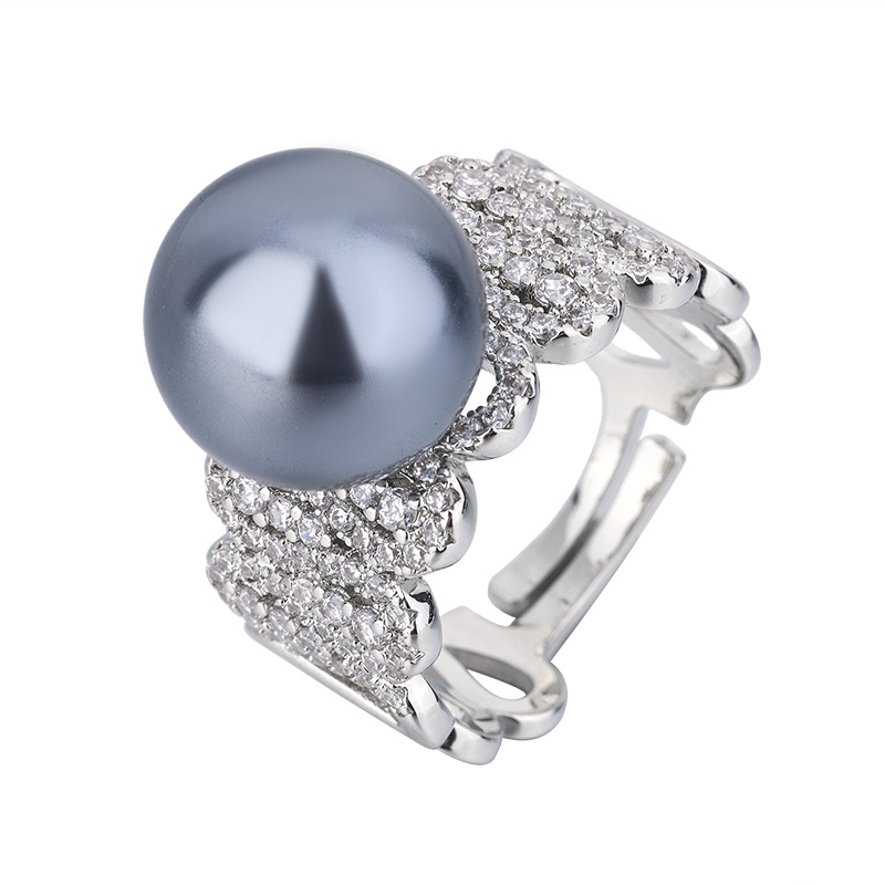 2023 nuevo estilo Zhuang Sheng joyería de cobre Chapado en platino nueva fila anillo perla temperamento personalidad anillo de las mujeres 12mm