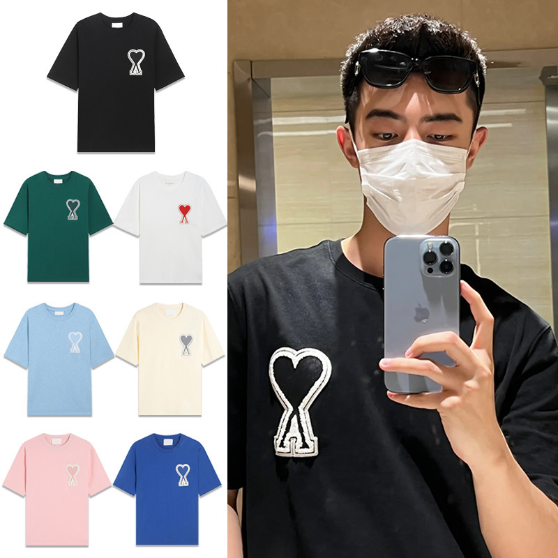 Ami Aheoine Short-Sleeved Summer Large Heart Embroidery Classic Style Trendy Brand Loose-Fitting Round Neck Half-Sleeved T-Shirt for Men and Women
