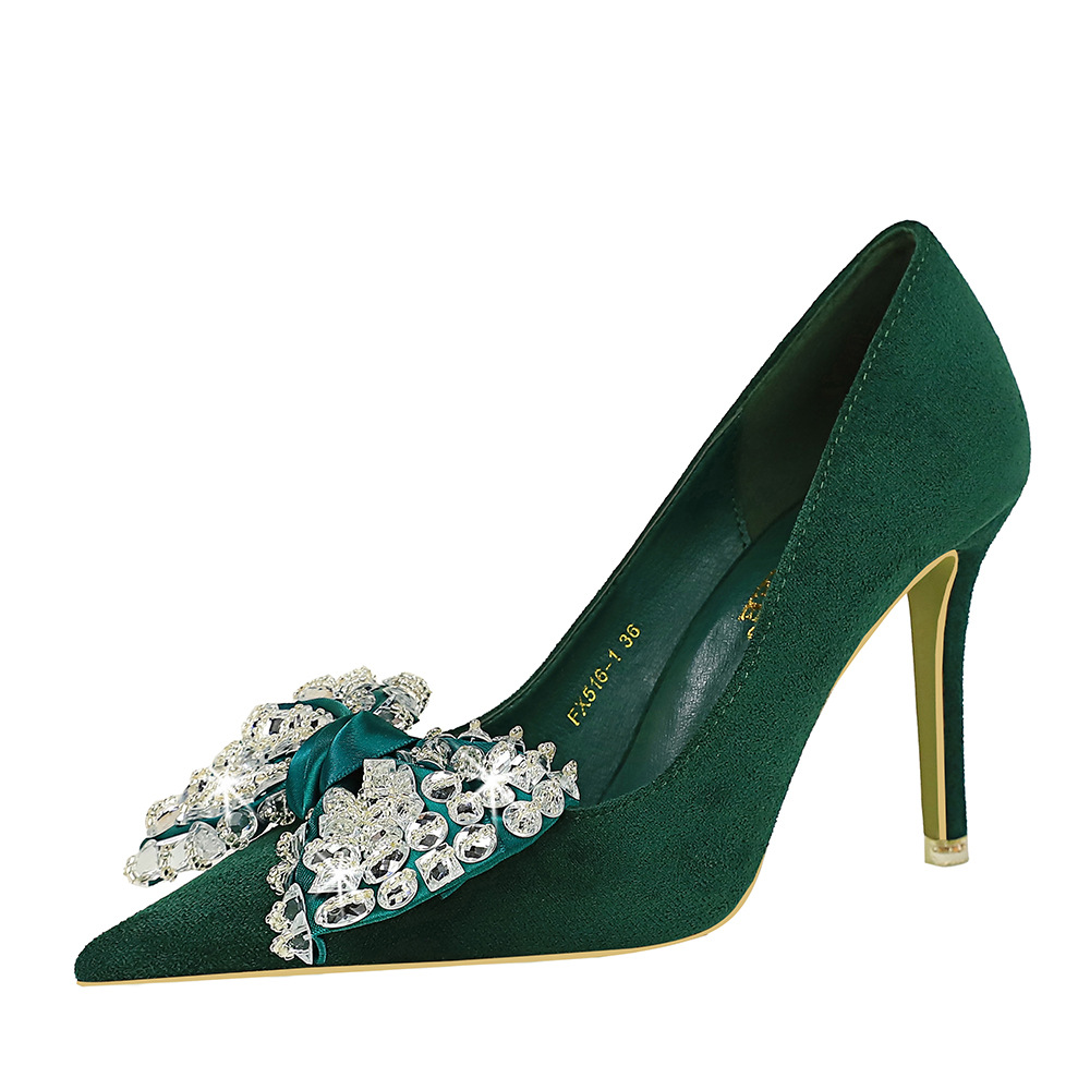 516-H9 Korea Style Fashio Party High Heels Stiletto Suede Shallow Poited Toe Rhiestoe Bowkot Sigle Shoes For_vogvips.com