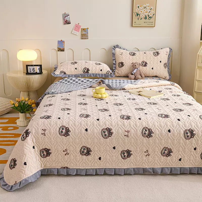 冬季加厚牛奶绒床盖三件套花边床单款家用保暖夹棉单件加绒铺盖