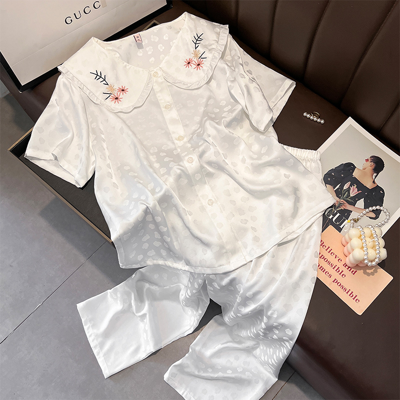 甜美公主风真丝睡衣女夏季短袖长裤桑蚕丝家居服套装薄款白色|undefined