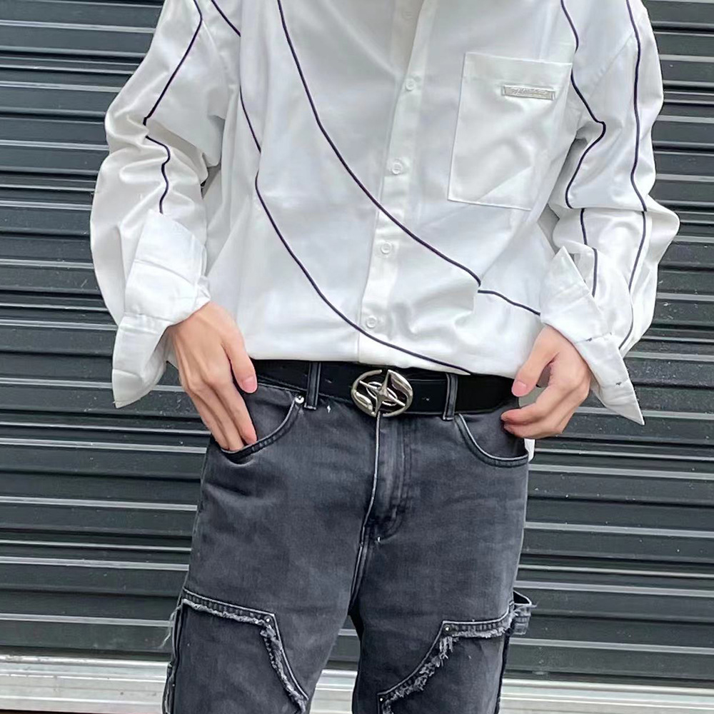 2023 New Ins Style Men's and Women's Retro Fashion Versatile Pure Black Belt Logo Metal Button Head Belt_voghion.com