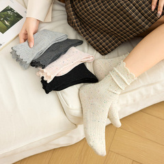 秋冬新款襪子女花邊鬆口月子襪批發日系點子紗百搭中筒堆堆襪棉