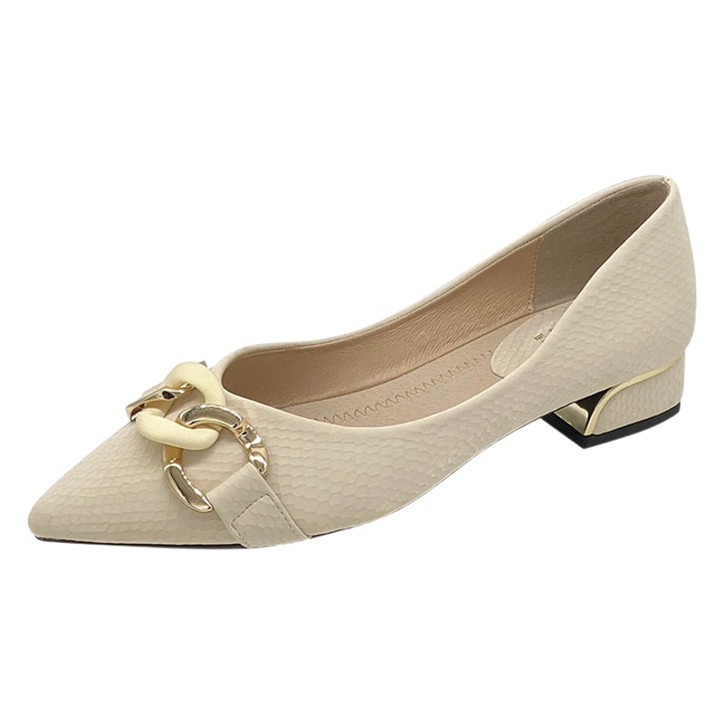 Zapatos de una sola capa de Punta puntiaguda Primavera y otoño nuevos zapatos de mujer Four Seasons zapatos de mujer profesionales moda boca baja cadena hebilla tacón grueso más tamaño zapatos de mujer de tacón bajo