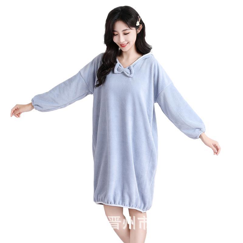 가정용 여성을위한 겨울 긴 목욕 가운 흡수 목욕 타월 산호 양털 두꺼운 가구 후드 긴 소매 목욕 원피스 착용