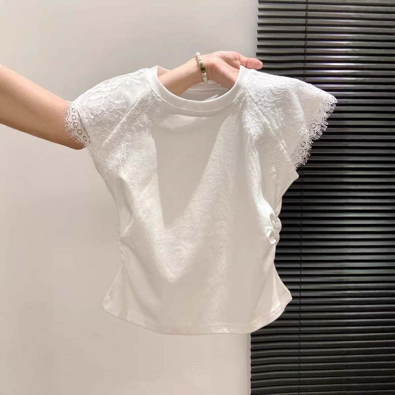 Summer New Stylish Lace Patchwork Flutter Sleeve T-Shirt for Women, Fashionable Ruched Design, Slim Fit, Versatile Solid Color Top