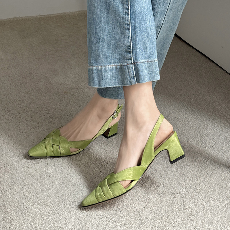 Korean Style Fashionable Woven Closed-Toe Sandals for Women, 2026 New Summer Genuine Leather Small Square Toe Backless Chunky High Heels