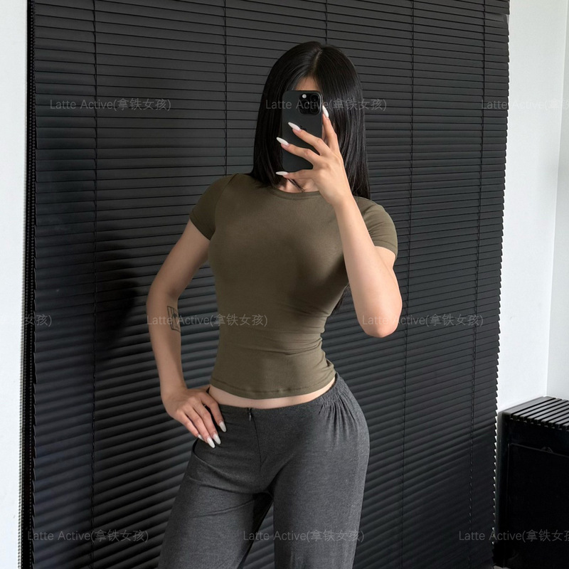 Latte Girl Yoga Wear T-Shirt Tight Short Sleeve Short Sleeve Solid Color Inner Wear Summer Slimming Round Neck