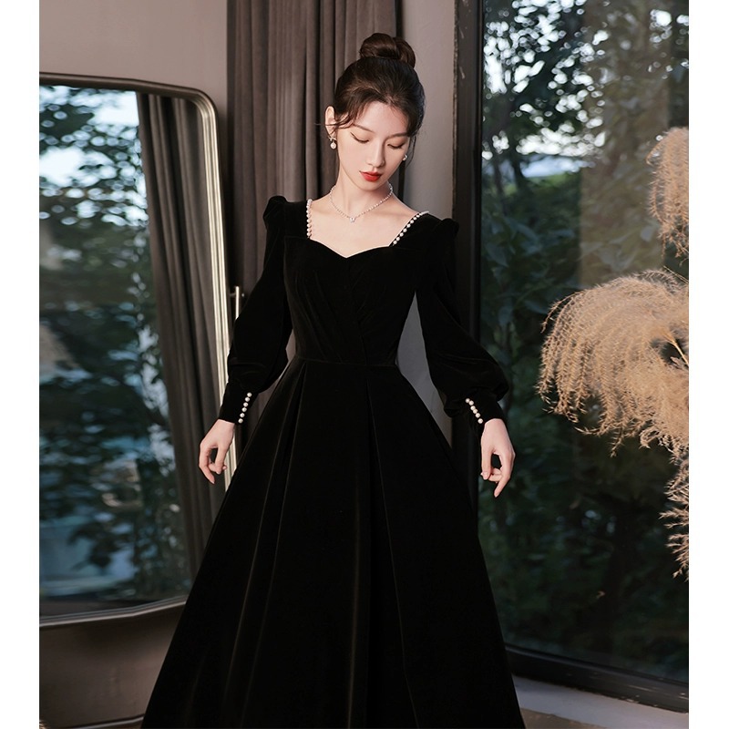 Black Evening Dress 2026 New Style Banquet French Light Luxury Niche High-End Velvet Long-Sleeve Art Exam Winter